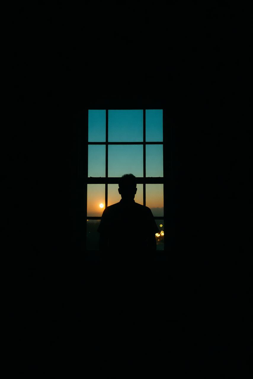 A figure framed by a window at dusk.